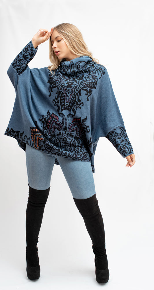 100% Baby Alpaca Poncho with Hand embroidered detailing